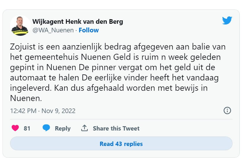 Мужчина нашел больше 1000 евро в банкомате и отнес их в мэрию.